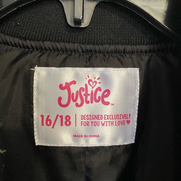 NEW Girls Justice Peace and Love Black Bomber Jacket Size XL 16/18 - Picture 10 of 11